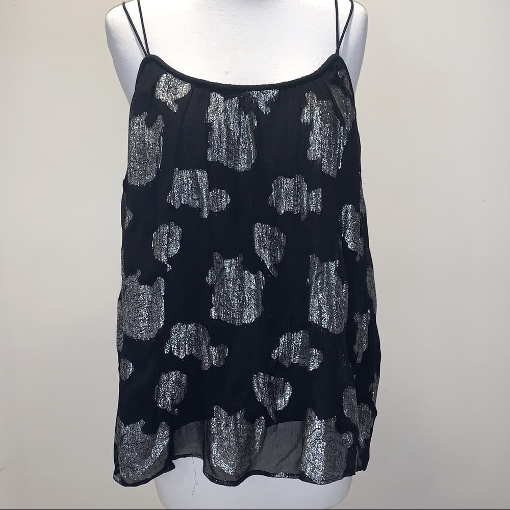 Lucky Brand Black Metallic Silver Camisole Tank Top Sheer Layered size Large